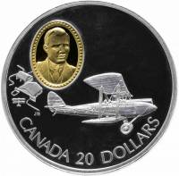 (1992) Монета Канада 1992 год 20 долларов "Биплан De Havilland DH.60 Moth"  Серебро Ag 925, Позолота